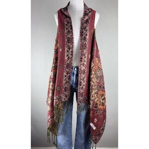 Pashmina Red Green Gold Metallic Bird Peacock Fringe Vest Long Asymmetric Floral